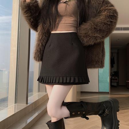 FA52557# 深灰色毛呢半身裙冬季新款超好看设计感A字短裙子  服裝批發女裝批發服飾貨源