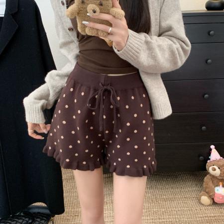 FA52558# 咖色波点毛线针织短裤女秋冬季新款高腰显瘦宽松a字阔腿热裤  服裝批發女裝批發服飾貨源