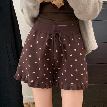 FA52558# 咖色波点毛线针织短裤女秋冬季新款高腰显瘦宽松a字阔腿热裤  服裝批發女裝批發服飾貨源