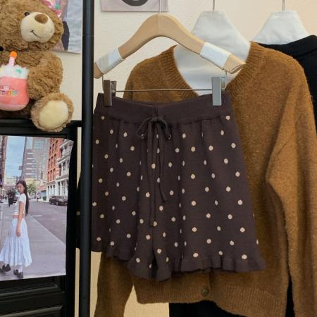 FA52558# 咖色波点毛线针织短裤女秋冬季新款高腰显瘦宽松a字阔腿热裤  服裝批發女裝批發服飾貨源