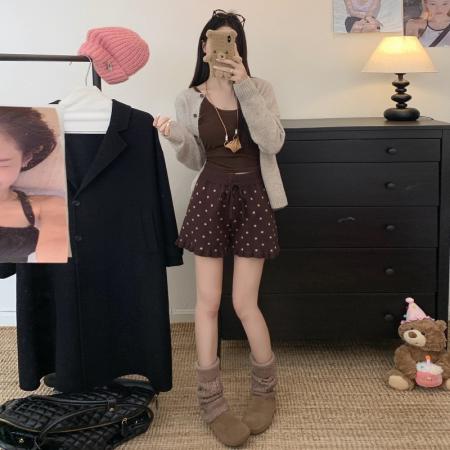 FA52558# 咖色波点毛线针织短裤女秋冬季新款高腰显瘦宽松a字阔腿热裤  服裝批發女裝批發服飾貨源