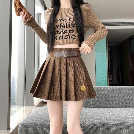 FA52559# 秋冬格纹刺绣设计感百褶裙裤女小个子复古高腰显瘦遮半身裙子  服裝批發女裝批發服飾貨源