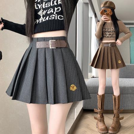 FA52559# 秋冬格纹刺绣设计感百褶裙裤女小个子复古高腰显瘦遮半身裙子  服裝批發女裝批發服飾貨源