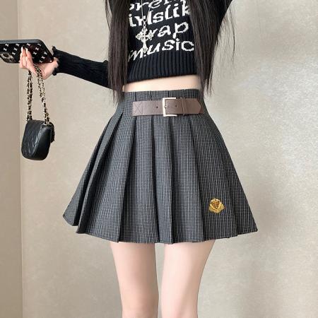 FA52559# 秋冬格纹刺绣设计感百褶裙裤女小个子复古高腰显瘦遮半身裙子  服裝批發女裝批發服飾貨源