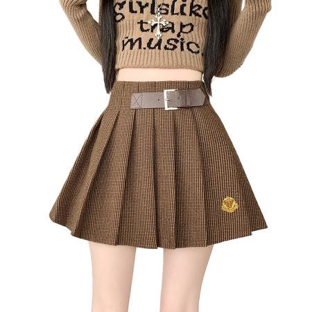 FA52559# 秋冬格纹刺绣设计感百褶裙裤女小个子复古高腰显瘦遮半身裙子  服裝批發女裝批發服飾貨源