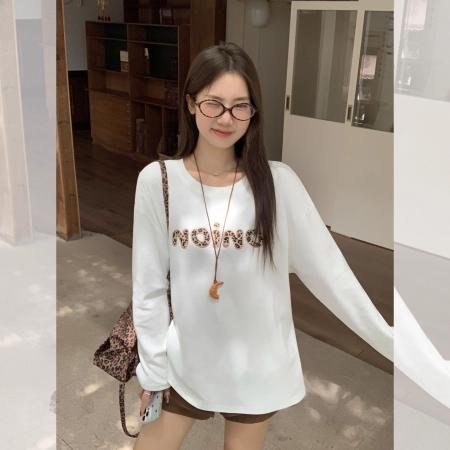 FA52560# 字母刺绣圆领长袖T恤宽松内搭打底衫  服裝批發女裝批發服飾貨源