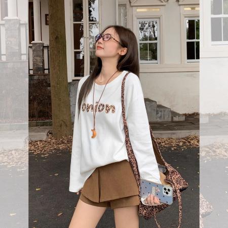 FA52560# 字母刺绣圆领长袖T恤宽松内搭打底衫  服裝批發女裝批發服飾貨源