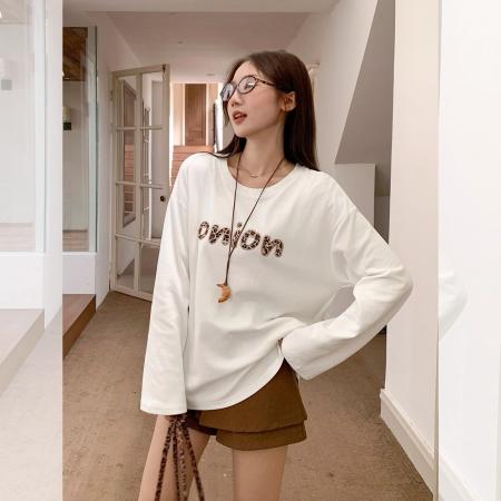 FA52560# 字母刺绣圆领长袖T恤宽松内搭打底衫  服裝批發女裝批發服飾貨源