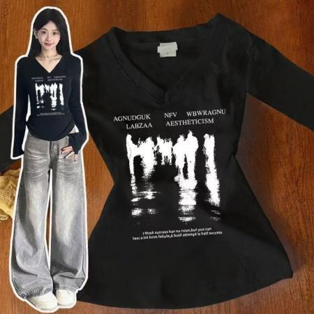 FA52561# 纯棉美式V领修身爆款字母印花设计感上衣正肩T恤  服裝批發女裝批發服飾貨源