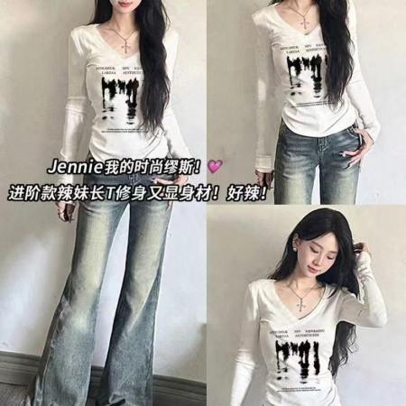 FA52561# 纯棉美式V领修身爆款字母印花设计感上衣正肩T恤  服裝批發女裝批發服飾貨源