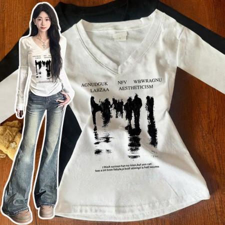 FA52561# 纯棉美式V领修身爆款字母印花设计感上衣正肩T恤  服裝批發女裝批發服飾貨源
