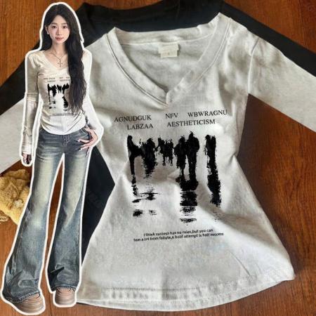 FA52561# 纯棉美式V领修身爆款字母印花设计感上衣正肩T恤  服裝批發女裝批發服飾貨源