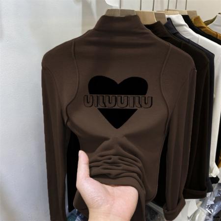 FA52563# 德绒面料纯欲咖色半高领打底衫内搭秋冬新款爱心长袖t恤上衣  服裝批發女裝批發服飾貨源