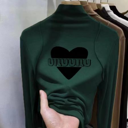 FA52563# 德绒面料纯欲咖色半高领打底衫内搭秋冬新款爱心长袖t恤上衣  服裝批發女裝批發服飾貨源