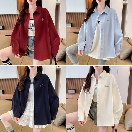 FA52571# 韩系全棉磨毛加厚衬衫女秋季休闲宽松慵懒上衣中长款工装外套  服裝批發女裝批發服飾貨源