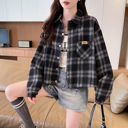 FA52572# 时尚洋气格纹开衫衬衣女士休闲韩版显瘦百搭减龄衬衫外套上衣  服裝批發女裝批發服飾貨源