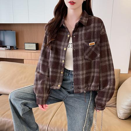 FA52572# 时尚洋气格纹开衫衬衣女士休闲韩版显瘦百搭减龄衬衫外套上衣  服裝批發女裝批發服飾貨源