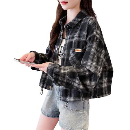 FA52572# 时尚洋气格纹开衫衬衣女士休闲韩版显瘦百搭减龄衬衫外套上衣  服裝批發女裝批發服飾貨源