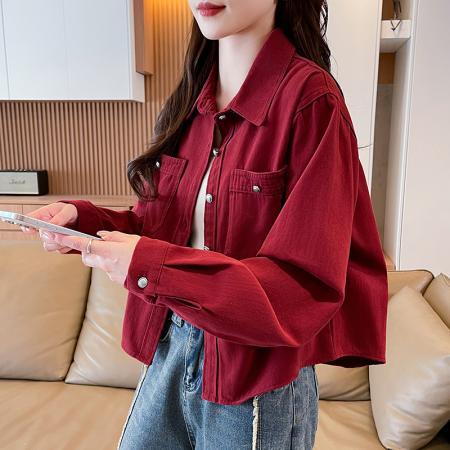 FA52573# 韩系全棉磨毛加厚衬衫女秋季休闲宽松慵懒上衣短款工装外套  服裝批發女裝批發服飾貨源