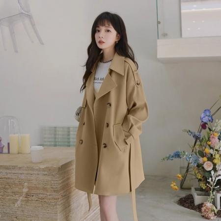 FA52575# 韩系温柔卡其色风衣外套女秋冬新款春季中长款英伦风宽松大衣  服裝批發女裝批發服飾貨源