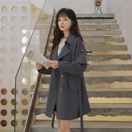 FA52575# 韩系温柔卡其色风衣外套女秋冬新款春季中长款英伦风宽松大衣  服裝批發女裝批發服飾貨源