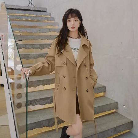 FA52575# 韩系温柔卡其色风衣外套女秋冬新款春季中长款英伦风宽松大衣  服裝批發女裝批發服飾貨源