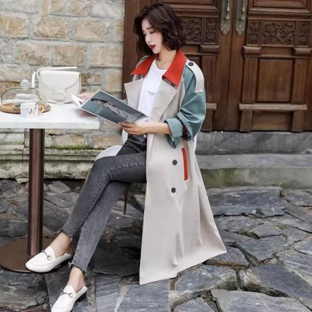 FA52577# 风衣女中长款英伦风秋季新款宽松百搭减龄显瘦大码拼接外套女  服裝批發女裝批發服飾貨源