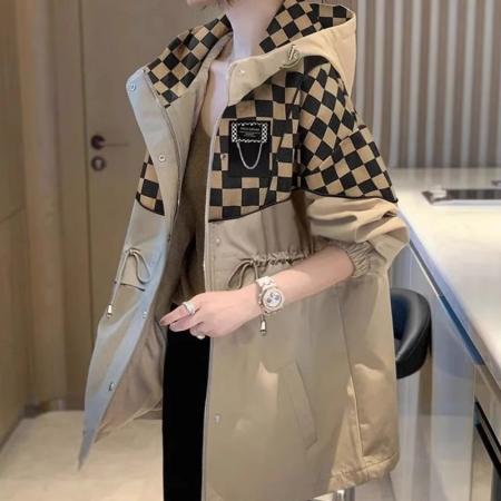 FA52581# 大码棋盘格子连帽风衣外套女士早秋装中长款宽松系带收腰显瘦上衣  服裝批發女裝批發服飾貨源