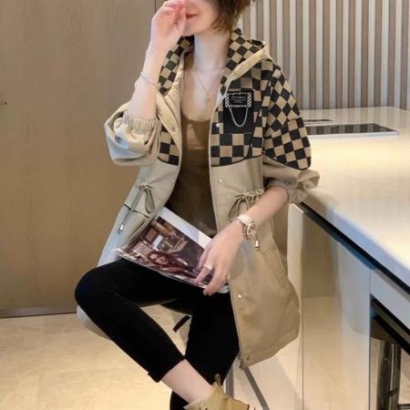 FA52581# 大码棋盘格子连帽风衣外套女士早秋装中长款宽松系带收腰显瘦上衣  服裝批發女裝批發服飾貨源