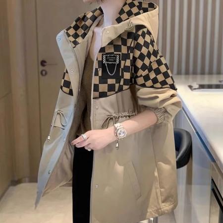 FA52581# 大码棋盘格子连帽风衣外套女士早秋装中长款宽松系带收腰显瘦上衣  服裝批發女裝批發服飾貨源