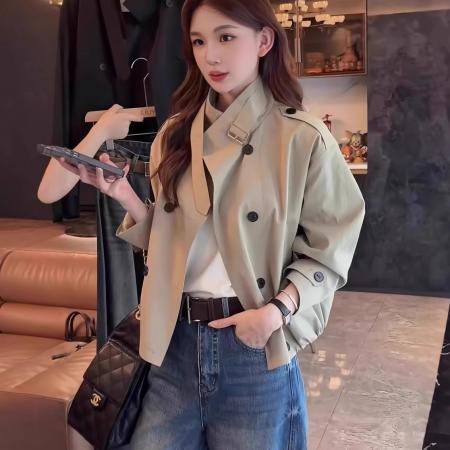 FA52583# 英伦风双排扣立领短款风衣外套女秋季新款休闲宽松小个子上衣  服裝批發女裝批發服飾貨源