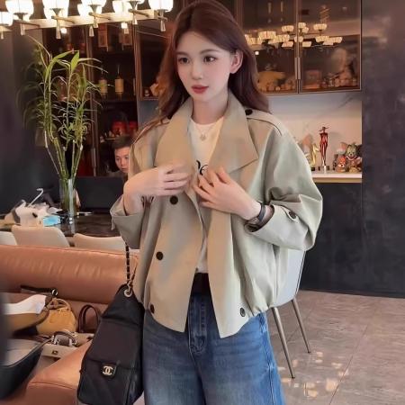 FA52583# 英伦风双排扣立领短款风衣外套女秋季新款休闲宽松小个子上衣  服裝批發女裝批發服飾貨源