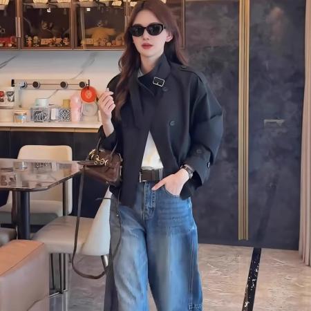 FA52583# 英伦风双排扣立领短款风衣外套女秋季新款休闲宽松小个子上衣  服裝批發女裝批發服飾貨源