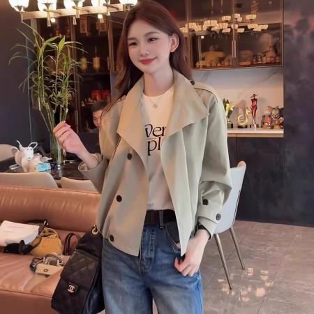 FA52583# 英伦风双排扣立领短款风衣外套女秋季新款休闲宽松小个子上衣  服裝批發女裝批發服飾貨源