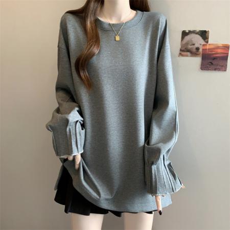 FA52586# 大码胖MM设计感慵懒风褶皱袖套头卫衣洋气百搭上衣  服裝批發女裝批發服飾貨源