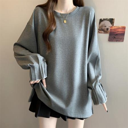 FA52586# 大码胖MM设计感慵懒风褶皱袖套头卫衣洋气百搭上衣  服裝批發女裝批發服飾貨源