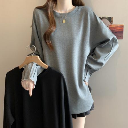 FA52586# 大码胖MM设计感慵懒风褶皱袖套头卫衣洋气百搭上衣  服裝批發女裝批發服飾貨源