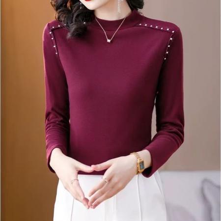 FA52589# 网红大码德绒打底衫女秋冬新款韩版钉珠女长袖半高领内搭上衣  服裝批發女裝批發服飾貨源