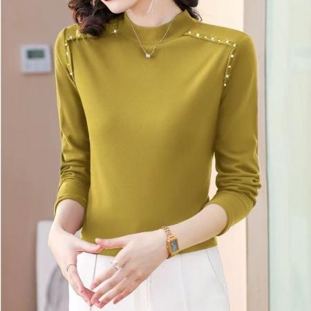 FA52589# 网红大码德绒打底衫女秋冬新款韩版钉珠女长袖半高领内搭上衣  服裝批發女裝批發服飾貨源
