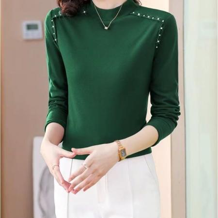 FA52589# 网红大码德绒打底衫女秋冬新款韩版钉珠女长袖半高领内搭上衣  服裝批發女裝批發服飾貨源