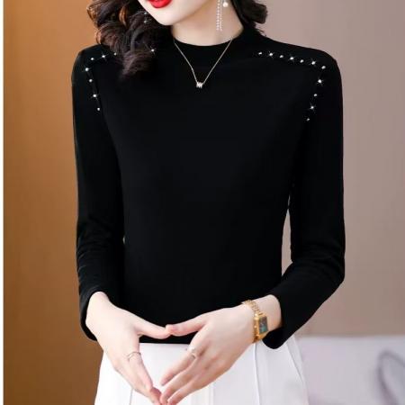 FA52589# 网红大码德绒打底衫女秋冬新款韩版钉珠女长袖半高领内搭上衣  服裝批發女裝批發服飾貨源