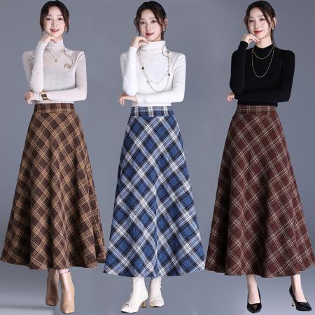 FA52592# 秋冬新款中长款毛呢裙格子半身裙显瘦高腰伞裙呢子大摆裙  服裝批發女裝批發服飾貨源