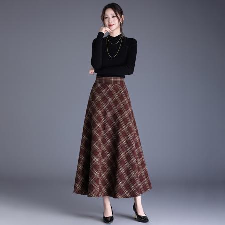 FA52592# 秋冬新款中长款毛呢裙格子半身裙显瘦高腰伞裙呢子大摆裙  服裝批發女裝批發服飾貨源