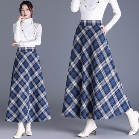 FA52592# 秋冬新款中长款毛呢裙格子半身裙显瘦高腰伞裙呢子大摆裙  服裝批發女裝批發服飾貨源