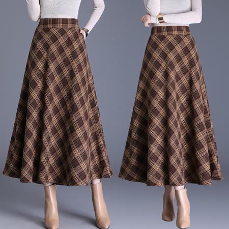 FA52592# 秋冬新款中长款毛呢裙格子半身裙显瘦高腰伞裙呢子大摆裙  服裝批發女裝批發服飾貨源