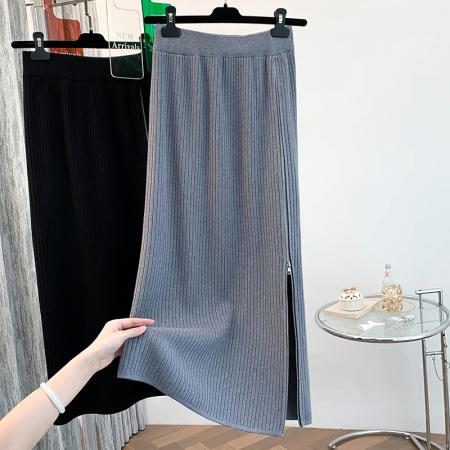 FA52593# 针织半身裙秋冬女中长款包臀开叉一步裙高腰毛线宽松加厚直筒裙子  服裝批發女裝批發服飾貨源