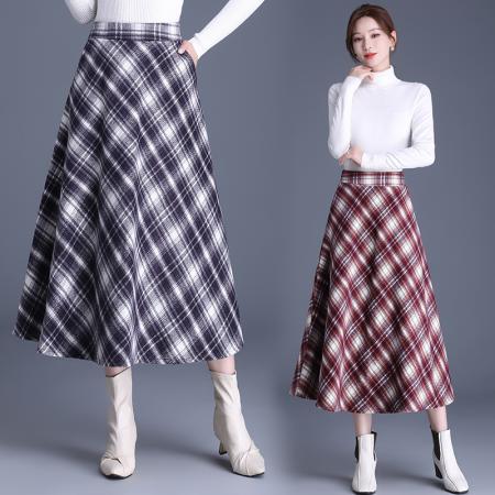 FA52594# 冬季新款高腰显瘦中长款半身裙加厚毛呢裙百搭格子大摆裙  服裝批發女裝批發服飾貨源