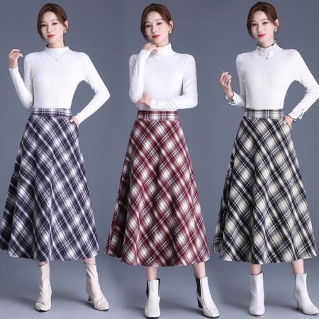 FA52594# 冬季新款高腰显瘦中长款半身裙加厚毛呢裙百搭格子大摆裙  服裝批發女裝批發服飾貨源