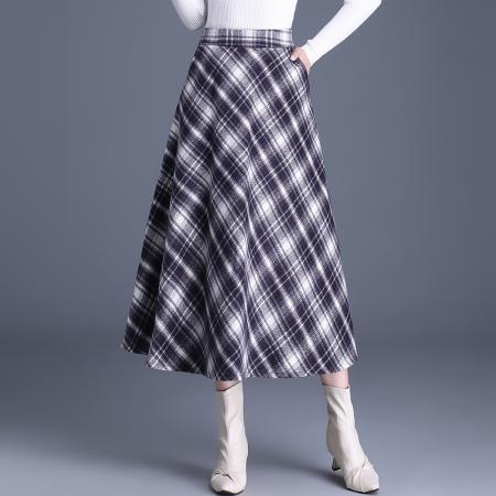 FA52594# 冬季新款高腰显瘦中长款半身裙加厚毛呢裙百搭格子大摆裙  服裝批發女裝批發服飾貨源