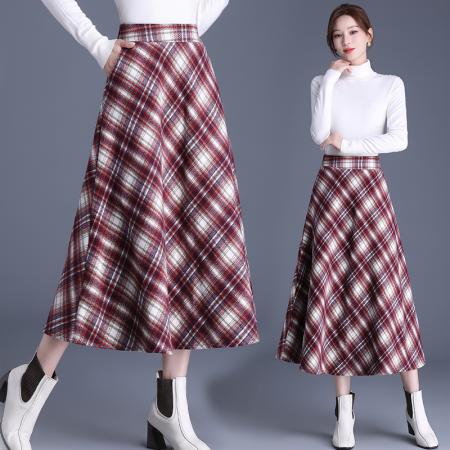 FA52594# 冬季新款高腰显瘦中长款半身裙加厚毛呢裙百搭格子大摆裙  服裝批發女裝批發服飾貨源